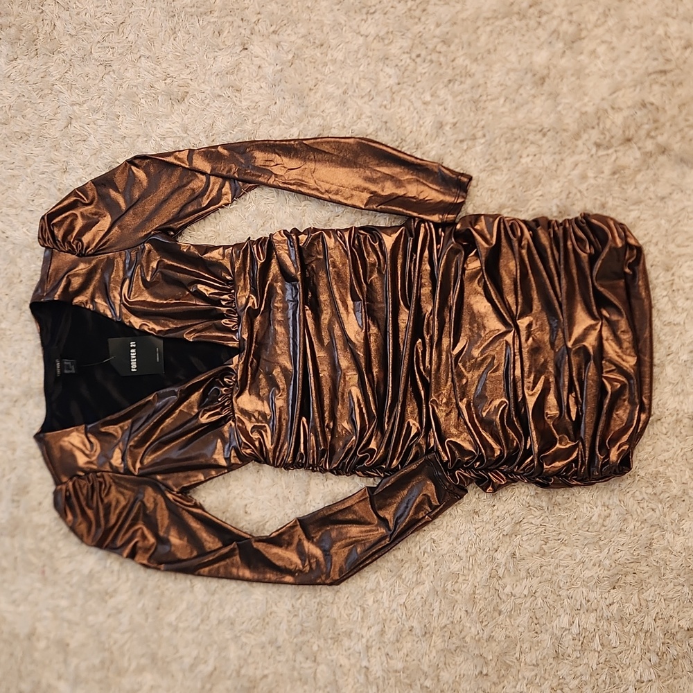 FOREVER 21 RUCHED METALLIC BRONZE BODYCON DRESS EXTRA SMALL XS